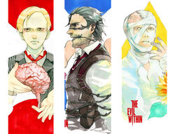  3boys bandages barbed_wire blonde_hair bound brain chinese_commentary commentary_request dual_persona highres hood idachi male_focus marker_(medium) multiple_boys partial_commentary photoshop_(medium) ruvik scar sebastian_castellanos the_evil_within tied_up_(nonsexual) traditional_media yellow_eyes 