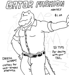  2014 alligator alligatorid anthro belt bottomwear clothing cloud crocodilian english_text gator_(artist) male monochrome pants plant reptile scalie shirt solo text topwear tree 