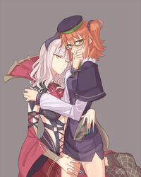  2girls blush breasts carmilla_(fate/grand_order) cravat curly_hair dress fate/grand_order fate_(series) fingernails fujimaru_ritsuka_(female) glasses grey_hair hair_ornament hat horns long_hair mask multiple_girls nail_polish orange_eyes orange_hair side_ponytail skirt thighhighs wide_sleeves yellow_eyes yuri 