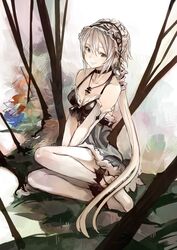  absurdres ankle_cuffs bare_shoulders breasts choker cleavage collarbone commentary_request dress female full_body grey_eyes grey_hair hairband highres jewelry long_hair medium_breasts necklace original panda ricci sitting smile solo v_arms white_hair yokozuwari 