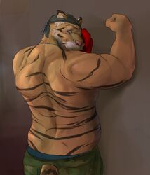  anthro biceps clothed clothing felid gator_(artist) male mammal mature_anthro mature_male muscular muscular_anthro muscular_male pantherine solo tiger topless 