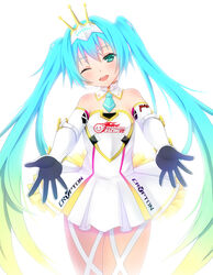  aqua_eyes aqua_hair blush commentary_request cowboy_shot crypton_future_media detached_collar elbow_gloves female gloves goodsmile_racing grapepop hatsune_miku head_tilt highres long_hair max_factory necktie one_eye_closed outstretched_arms race_queen racing_miku racing_miku_(2015) solo thighhighs tiara vocaloid 