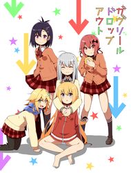  5girls :o :t ahoge arms_behind_back arrow_background bad_id bad_pixiv_id barefoot bat_hair_ornament black_hair blonde_hair blue_eyes blush bread cardigan closed_eyes copyright_name cross_hair_ornament eating flower food gabriel_dropout gabriel_tenma_white green_eyes grey_hair hair_flower hair_ornament hair_ribbon hair_rings hand_on_own_hip highres hug jacket kneeling long_hair looking_at_viewer mei_mu melon_bread multiple_girls open_mouth panties pantyhose pantyshot purple_eyes raphiel_shiraha_ainsworth red_eyes red_hair ribbon satanichia_kurumizawa_mcdowell scarf school_uniform short_hair sitting smile star_(symbol) starry_background tapris_chisaki_sugarbell topknot track_jacket underwear vignette_tsukinose_april wavy_mouth x_hair_ornament 