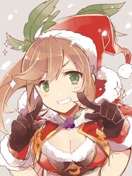  &gt;:) black_gloves blush breasts christmas clarisse_(granblue_fantasy) cleavage commentary_request female fur_trim gloves granblue_fantasy green_eyes grin hat leaf light_brown_hair long_hair looking_at_viewer medium_breasts nozomu144 ponytail santa_hat smile snow solo sparkle upper_body v-shaped_eyebrows 