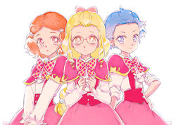  3girls bad_id bad_pixiv_id blonde_hair blue_eyes blue_hair bow brown_hair cowboy_shot emily_(mahou_girls_precure!) glasses hairbow hand_on_own_hip jun_(mahou_girls_precure!) kei_(mahou_girls_precure!) long_hair looking_at_viewer magic_school_uniform mahou_girls_precure! multiple_girls photoshop_(medium) pink_bow plaid plaid_bow precure red_eyes ringlets round_eyewear saki_(hxaxcxk) school_uniform shirt short_hair smile v_arms white_background white_shirt yellow_eyes 