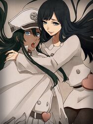  1boy 2girls androgynous bambietta_basterbine black_hair bleach blue_eyes cape drooling female giselle_gewelle hat heart hug long_hair looking_at_viewer military military_uniform multiple_girls open_mouth peaked_cap quincy_(bleach) saliva smile tongue trap uniform zombie 