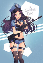  :d bad_id bad_pixiv_id belt between_breasts black_bra black_gloves black_necktie black_thighhighs bra breast_hold breasts caitlyn_(league_of_legends) cleavage commentary crop_top cuffs cupcake dduck_kong denim denim_shorts english_text female fingerless_gloves food gloves groin gun handcuffs hat highres holding holding_gun holding_weapon league_of_legends long_hair medium_breasts midriff navel necktie officer_caitlyn open_mouth peaked_cap photoshop_(medium) police police_badge police_hat police_uniform policewoman purple_eyes purple_hair rifle scope shirt short_shorts short_sleeves shorts signature smile sniper_rifle solo standing stomach teeth thigh_gap thigh_strap thighhighs torn_clothes torn_thighhighs underwear uniform weapon wing_collar 