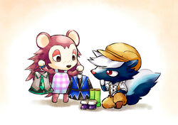  1boy animal_crossing apron black_hair brown_hair character_request clothes_hanger commentary_request female freckles furry furry_female furry_male hat hatsune_miku hedgehog holding holding_clothes kicks_(animal_crossing) kneeling ko-on_(ningen_zoo) looking_at_another looking_down necktie pigeon-toed red_eyes sable_able_(animal_crossing) shoes skirt skunk socks standing suspenders tail vocaloid white_hair 