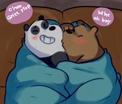  anthro bear bed bedding blanket blush brown_bear cartoon_network cuddling dialogue duo english_text furniture giant_panda grizzly_(we_bare_bears) grizzly_bear hug inside kissing male male/male mammal panda_(we_bare_bears) pseudo_incest_(lore) teeth text unknown_artist ursine we_bare_bears 