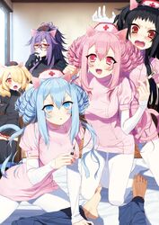  1boy 5girls :d :o animal_ears bad_id bad_pixiv_id barefoot black_dress black_gloves black_hair black_legwear blonde_hair blue_eyes blue_hair blush breasts cat_ears cat_tail curly_hair d: detached_sleeves dress eyebrows fangs finger_to_mouth flipped_hair glasses gloves hair_between_eyes hair_over_one_eye hat hikaru_kirara holding indoors kneeling large_breasts long_hair looking_at_another looking_at_viewer lying moe2016 multiple_girls nurse nurse_cap on_bed open_mouth orange_eyes original out_of_frame pants pantyhose pink_dress pink_eyes pink_hair ponytail puffy_short_sleeves puffy_sleeves purple_hair red-framed_eyewear red_eyes shade short_dress short_sleeves slit_pupils smile sweat syringe tail thermometer thighhighs two_side_up v-shaped_eyebrows white_gloves white_legwear 