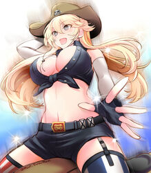  bare_shoulders belt belt_buckle blonde_hair blue_eyes breasts buckle commentary_request cowboy_hat cowboy_shot crop_top detached_sleeves female fingerless_gloves garter_straps gloves hat iowa_(kancolle) kantai_collection large_breasts long_hair mechanical_bull midriff navel primary_stage short_shorts shorts smile solo star-shaped_pupils star_(symbol) striped_clothes striped_thighhighs symbol-shaped_pupils thighhighs vertical-striped_clothes vertical-striped_thighhighs 