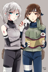  2girls alternate_costume anastasia_(idolmaster) anbu armor bandaged_leg bandages blue_eyes blush brown_eyes brown_hair commentary_request cosplay earrings fingerless_gloves forehead_protector fox_mask frown gen_(enji) gloves grey_background grey_hair holding holding_mask idolmaster idolmaster_cinderella_girls japanese_armor jewelry kote long_hair long_sleeves looking_at_viewer love_laika_(idolmaster) mask messy_hair multiple_girls naruto naruto_(series) nitta_minami pants photoshop_(medium) pocket scroll short_hair simple_background sleeveless stud_earrings sword turtleneck twitter_username uniform unworn_mask weapon 