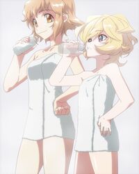  2girls blonde_hair bottle breasts collarbone commentary_request drinking elfnein food food_on_face hand_on_own_hip medium_breasts milk_bottle milk_mustache mototenn multiple_girls naked_towel senki_zesshou_symphogear short_hair small_breasts tachibana_hibiki_(symphogear) thighs towel yellow_eyes 