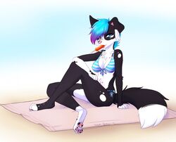  2017 5_fingers anthro beach bikini biped black_body black_fur blue_hair breasts canid canine canis cleavage clothed clothing dessert digital_media_(artwork) dipstick_tail domestic_dog female fingers food fur hair heterochromia ice_cream looking_at_viewer mammal markings multicolored_tail nanokyuu nipple_outline oceanbitt pink_nose seaside sitting smile solo swimwear tail tail_markings taykoe 