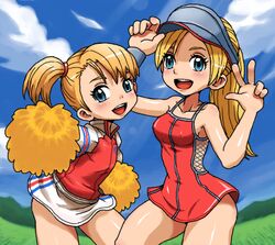  2girls blonde_hair blue_eyes clap_hanz erenoa_(minna_no_tennis) lowres may_(minna_no_golf) minna_no_golf minna_no_tennis multiple_girls pom_poms ponytail side_ponytail skirt sky v visor wristband 