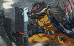  3boys belt blood cityscape claws commentary_request cosplay dog_tags exaxuxer full_moon furry furry_male injury kunai league_of_legends marvel moon multiple_boys ninja rain red_eyes solo_focus spandex sword teeth torn_clothes warwick weapon werewolf wolf_boy wolverine_(x-men) x-men 