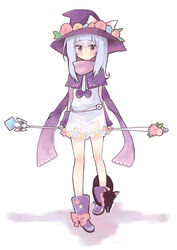  belt black_cat blue_hair blush boots bow character_request commentary_request fantasy_earth fantasy_earth_zero feline female floral_print flower full_body hat hat_flower highres konatsu_miyu long_hair long_sleeves looking_at_viewer pink_bow pom_pom_(clothes) purple_eyes scarf simple_background solo sorcerer_(eudyptes_outfit)_(fantasy_earth_zero) sorcerer_(fantasy_earth_zero) staff white_background witch_hat 