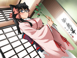  animal_ears black-framed_eyewear black_hair blue_eyes blush breasts closed_mouth clownculture cosplay female from_below glasses hair_ribbon highres holding indoors japanese_clothes kimono large_breasts long_hair looking_at_viewer obi original otome_youkai_zakuro plant ribbon sash smile solo standing twintails wide_sleeves zakuro_(otome_youkai_zakuro) 