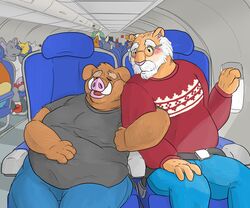  6:5 aircraft airplane anthro beard belly big_belly blush bovid bovine clothed clothing duo_focus eyewear facial_hair felid gator_(artist) glasses group hand_on_belly hi_res inside_airplane male mammal mature_anthro mature_male moobs old overweight overweight_male pantherine shirt sleeping slightly_chubby suid suina sus_(pig) tiger topwear tusks vehicle wild_boar 