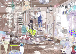  2boys black_hair blue_eyes book canine ceiling_fan chandelier commentary_request feline grey_hair headphones highres holding hpknight ladder lamp loaded_interior looking_at_viewer multiple_boys notepad original overalls pale_color photoshop_(medium) rug slippers smile spiral_staircase stairs stuffed_animal stuffed_toy teddy_bear track_suit 