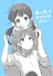  1boy bad_id bad_pixiv_id blue_theme couple female kitashirakawa_tamako long_hair miton_(ton321) monochrome ooji_mochizou short_hair straight tamako_market twintails 