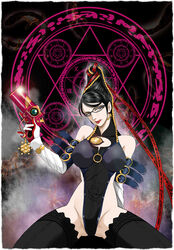  :q adapted_costume bare_shoulders bayonetta bayonetta_(series) beehive_hairdo black_thighhighs blue_eyes breasts commentary_request elbow_gloves female glasses gloves gun handgun highres large_breasts long_hair magic_circle mole mole_under_mouth photoshop_(medium) sabachiyo_land scarborough_fair_(bayonetta) solo thighhighs thighs tongue tongue_out weapon 