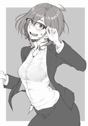  adjusting_eyewear blazer bra bra_visible_through_clothes breasts collared_shirt commentary_request cowboy_shot dagashi_kashi dress_shirt female formal glasses greyscale hair_between_eyes hand_up ina_(gokihoihoi) jacket long_sleeves looking_back medium_breasts medium_hair monochrome office_lady open_clothes open_collar open_jacket open_mouth owari_hajime see-through shirt simple_background skirt skirt_suit smile solo suit underwear 