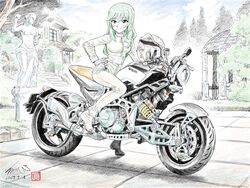  alternate_eye_color alternate_hair_color artist_name bodysuit boots building bush closed_mouth cloud cloudy_sky commentary dated day female girls_und_panzer gloves green_eyes green_hair hand_on_own_hip helmet highres kubota_shinji long_hair looking_at_viewer motor_vehicle motorcycle motorcycle_helmet outdoors riding shadow shimada_chiyo signature sky smile solo standing statue traditional_media tree vehicle_request watermark white_bodysuit white_footwear white_gloves 