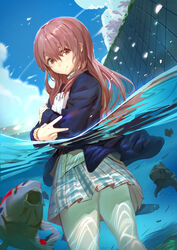  absurdres brown_eyes caustics cherry_blossoms commentary female fish from_below highres jojaow koe_no_katachi koi long_hair looking_back mute nishimiya_shouko partially_submerged partially_underwater_shot petals photoshop_(medium) pink_hair pleated_skirt sign_language skirt smile solo tree v 