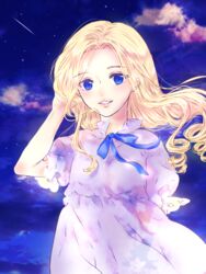  bad_id bad_pixiv_id blonde_hair blue_eyes blue_ribbon cloud curly_hair dress female hand_in_own_hair long_hair marnie_(omoide_no_marnie) omoide_no_marnie outdoors parted_lips ribbon ritsu_(fluorite_fluorite) sky smile solo white_dress 