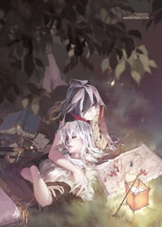  2girls blackbird book carciphona chinese_commentary closed_eyes commentary_request grass long_hair lying map multiple_girls purple_eyes purple_hair shilin sleeping smile sword tree veloce_visrin weapon white_hair 