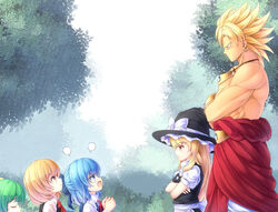  1boy 4girls blonde_hair blue_eyes blue_hair bow bracelet broly_(dragon_ball_z) brown_eyes cirno commentary_request crossover daiyousei day dragon_ball dragon_ball_z earrings green_eyes green_hair hair_ribbon hairbow hat image_sample jewelry kirisame_marisa komimiyako long_hair male_focus multiple_girls muscular muscular_male necklace nicoseiga_sample open_mouth puffy_sleeves ribbon rumia short_hair short_sleeves sky spiked_hair super_saiyan super_saiyan_1 touhou tree vest witch witch_hat 