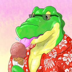  1:1 alligator alligatorid anthro clothing crocodilian dessert eyewear food gator_(artist) ice_cream licking male reptile rex_(disambiguation) scalie shirt simple_background solo sunglasses tongue tongue_out topwear 