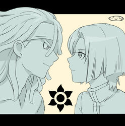  2boys asta_(inazuma_eleven) bad_id bad_pixiv_id dreadlocks eye_contact inazuma_eleven_(series) inazuma_eleven_go inazuma_eleven_go_vs_danball_senki_w letterboxed long_hair looking_at_another male_focus mizuhara_aki monochrome multiple_boys outside_border profile san_(inazuma_eleven) upper_body 