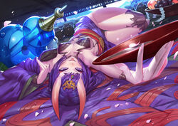  absurdres alcohol collarbone commentary eyelashes fate/grand_order fate_(series) female food foreshortening fruit gourd grapes highres horns indoors japanese_clothes jojaow licking_lips looking_at_viewer lying on_back oni peach petals photoshop_(medium) purple_eyes purple_hair sake shuten_douji_(fate) skin-covered_horns solo thigh_gap tongue tongue_out tray 