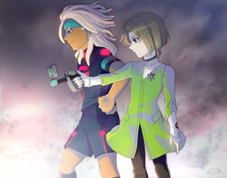  2boys armband asta_(inazuma_eleven) bad_id bad_pixiv_id destructchers dreadlocks headband inazuma_eleven_(series) inazuma_eleven_go inazuma_eleven_go_vs_danball_senki_w long_hair male_focus mizuhara_aki multiple_boys san_(inazuma_eleven) soccer_uniform sportswear standing 