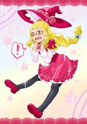  ! black_pantyhose blonde_hair blush bow braid brown_eyes commentary_request drill_hair emily_(mahou_girls_precure!) female full_body glasses hairbow hat highres long_hair magic_school_uniform mahou_girls_precure! mary_janes open_mouth pantyhose precure sasanishiki_(3324ki) school_uniform shoes single_braid skirt solo tears twin_drills wavy_mouth witch_hat 