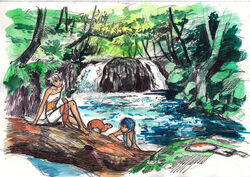  2girls animal animal_ears bad_id bad_pixiv_id blue_hair graphite_(medium) highres image_sample inubashiri_momiji kawashiro_nitori kobuushi multiple_girls otter painting_(medium) pixiv_sample river scenery short_hair smile swimsuit tail touhou traditional_media tree water watercolor_(medium) waterfall white_hair wolf_ears wolf_tail 