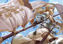  absurdres armored_corset ass belt blonde_hair blue_eyes commentary couter fate/apocrypha fate_(series) female fur_trim highres jeanne_d&#039;arc_(fate) jeanne_d&#039;arc_(third_ascension)_(fate) jojaow lips long_hair looking_back parted_lips photoshop_(medium) plackart sheath sheathed solo standard_bearer sword thighhighs weapon wind 