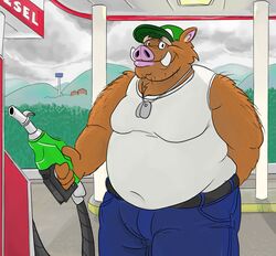  anthro belly belt big_belly body_hair bottomwear clothing dog_tags gas_station gator_(artist) hat headgear headwear hi_res male mammal moobs musclegut muscular muscular_anthro muscular_male overweight overweight_anthro overweight_male pants shirt shoulder_hair smile solo suid suina sus_(pig) tank_top topwear trucker wild_boar 