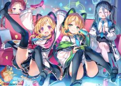  4girls :d ^_^ animal_ear_headphones animal_ears aris_(blue_archive) arms_up blonde_hair blue_archive blue_bow blue_hair blue_necktie bow braid can cat_ear_headphones chips_(food) clapping closed_eyes collared_shirt commentary_request controller couch drink_can fake_animal_ears food forehead game_controller game_development_department_(blue_archive) gamepad green_eyes grin hair_between_eyes hairbow halo headphones holding holding_can holding_controller holding_game_controller jacket kneepits midori_(blue_archive) momoi_(blue_archive) monster_energy multiple_girls necktie no_shoes open_mouth peeking_out pizza pizza_box pizza_slice playing_games potato_chips purple_eyes red_bow red_hair shirt shorts single_off_shoulder sitting skirt smile soda_can thighhighs tomose_shunsaku upskirt white_shirt yuzu_(blue_archive) 