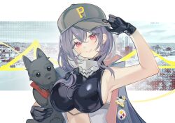  :&gt; animal ariko_(aaaaarik) armpits azur_lane black_coat black_dog black_gloves black_ribbon breasts closed_mouth coat female gloves hair_ribbon hand_up hands_up hat highres holding holding_animal huge_breasts medium_hair multicolored_coat peaked_cap pittsburgh_(azur_lane) purple_hair red_coat red_eyes ribbon smile two-tone_coat upper_body 