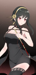  absurdres bare_shoulders black_dress black_hair black_thighhighs blood blood_on_weapon breasts cleavage cowboy_shot crossed_legs dagger dress earrings female gold_earrings gold_hairband hairband hand_out_of_frame highres holding holding_dagger holding_knife holding_weapon jewelry knife large_breasts long_hair looking_to_the_side parted_lips red_eyes sidelocks solo spy_x_family standing stiletto_(weapon) thighhighs two-sided_dress two-sided_fabric uihyeon_chae weapon yor_briar 