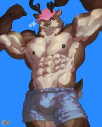  2024 2_horns abs absurd_res anthro barazoku biceps big_muscles biped black_nipples bottomwear brown_body brown_fur clothing curved_horn cutoffs deer deer_horn denim denim_bottomwear denim_clothing dylarts flexing flexing_bicep fur furgonomic_hat furgonomic_headwear furgonomics hat headgear headwear hi_res horn looking_at_viewer male mammal muscular muscular_anthro muscular_male nipples one_eye_closed pecs pink_clothing pink_hat pink_headwear red_eyes shirtless_anthro shirtless_male shorts solo standing 