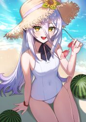  beach breasts cat_eye-framed_eyewear female food fruit gradient_hair grey_hair hair_flaps hat henya_the_genius henya_the_genius_(3rd_costume) highres holding holding_removed_eyewear looking_at_viewer multicolored_hair one-piece_swimsuit open_mouth oyuand purple_hair sand small_breasts smile solo sun_hat sunglasses swimsuit unworn_eyewear virtual_youtuber vshojo water watermelon white_one-piece_swimsuit yellow_eyes 