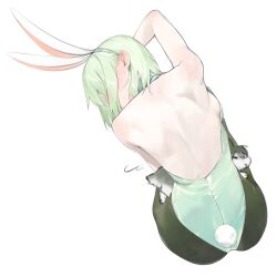  animal_ear_hairband animal_ears animal_on_lap aqua_hairband bare_arms bare_back bare_shoulders blush breasts cheng_(zi74438982) commentary fake_animal_ears fake_tail female from_behind full_body green_hair green_leotard green_pantyhose hair_over_face hairband halter_leotard halterneck hand_in_own_hair highres leotard on_lap original pantyhose playboy_bunny rabbit rabbit_ear_hairband rabbit_ears rabbit_tail short_hair shoulder_blades sideboob simple_background sitting solo tail white_background 