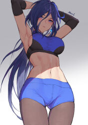  alternate_costume arms_behind_head artist_name black_pantyhose blue_shorts blue_sports_bra blush breasts clorinde_(genshin_impact) closed_mouth commentary_request cowboy_shot earrings female genshin_impact highres jewelry large_breasts long_hair looking_at_viewer midriff mool_yueguang multicolored_hair navel pantyhose pantyhose_under_shorts purple_eyes purple_hair shade shorts sideboob solo sports_bra standing streaked_hair sweat very_long_hair 