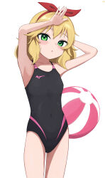  absurdres armpits arms_up ball bare_arms bare_legs bare_shoulders black_one-piece_swimsuit blonde_hair breasts commentary_request covered_navel cowboy_shot female green_eyes hairband highres idolmaster idolmaster_cinderella_girls idolmaster_cinderella_girls_u149 looking_at_viewer niokai one-piece_swimsuit partial_commentary sakurai_momoka short_hair simple_background small_breasts solo standing swimsuit thighs white_background 