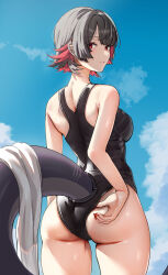  absurdres ass bare_shoulders black_hair black_one-piece_swimsuit blue_sky breasts cloud colored_inner_hair commentary cowboy_shot day ellen_joe female fins fish_tail highres looking_at_viewer medium_breasts multicolored_hair one-piece_swimsuit red_eyes red_hair shark_tail sky solo standing swimsuit tail thighs yami_anko zenless_zone_zero 