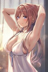  absurdres armpit_crease armpits arms_behind_head blue_eyes blue_ribbon blush breasts brown_hair camisole collarbone covered_nipples female gakuen_idolmaster highres himesaki_rinami idolmaster large_breasts long_hair presenting_armpit ribbon sideboob smile solo white_camisole yami_anko 